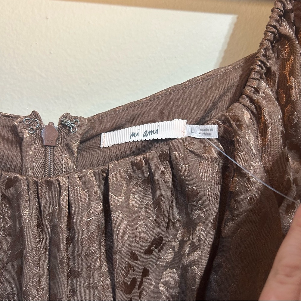 Francesca's Brown Satin Cheetah Print Mini Dress Bubble Sleeves Size Large NWT - Picture 10 of 14